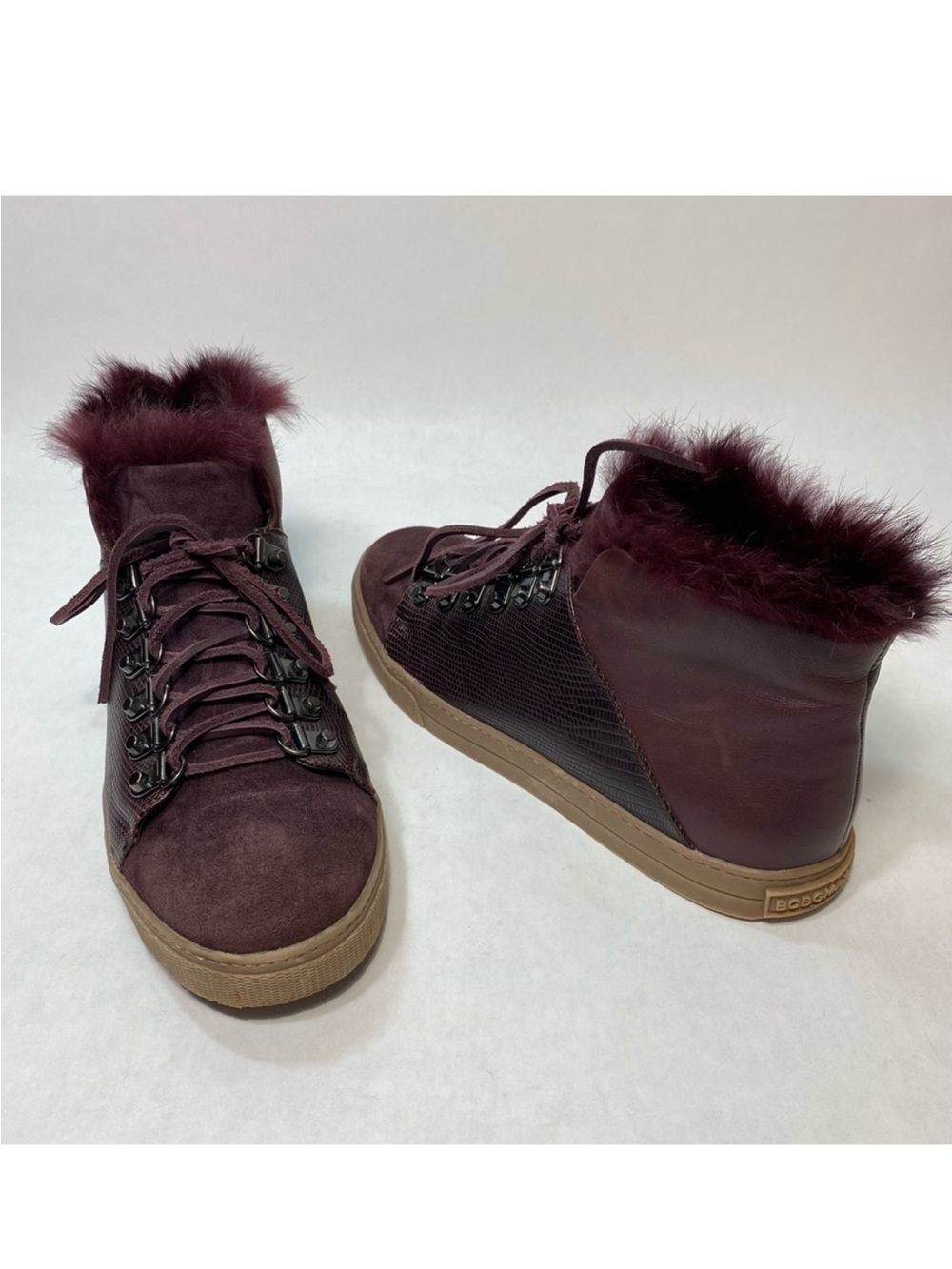BCBGMaxazria Deniz Burgundy Fur Leather Mid Top Lace Up Women’s Sneakers, 7